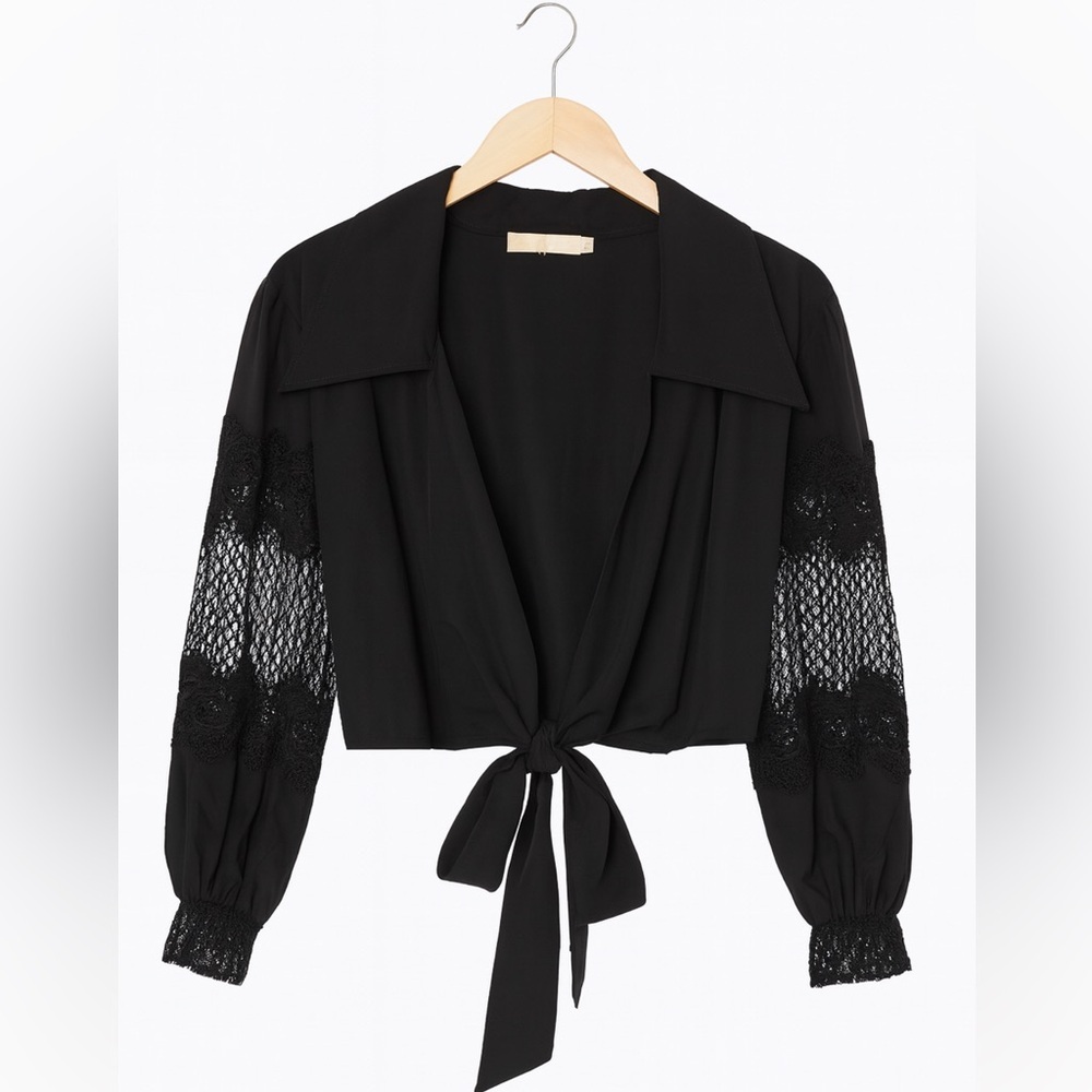 NWT Sublime Black Lace Sleeve Tie Front Blouse, Size L